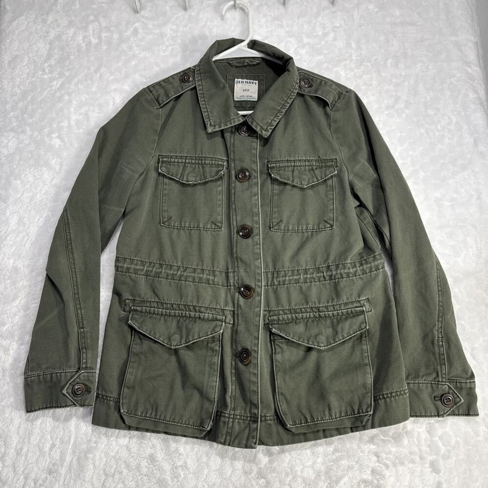 Old Navy Womens S Utility Jean Jacket Army Green Pockets Long Sleeve Grunge Y2K
